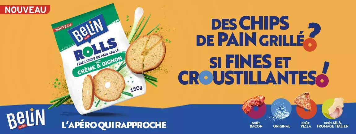 Avec la gamme BELIN® ROLLS, Belin® réinvente la roue… et l’apéritif ! Fond Orange et bleu avec titre et pack belin rolls