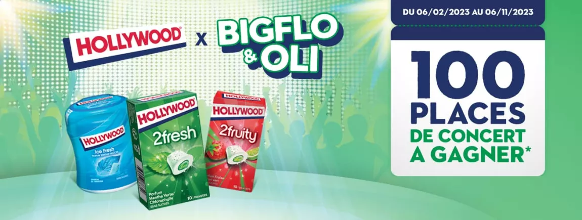 100 places à gagner pour le concert de Bigflo et Oli avec Hollywood ! Des pack Hollywood sur un fond vert Hollywood