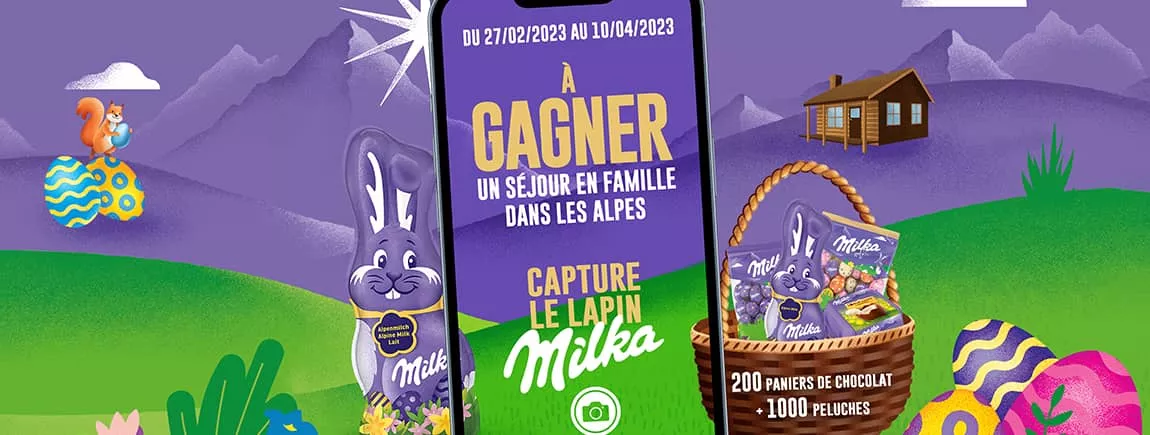 Participez à la chasse aux chocolats Milka et tentez de gagner un séjour dans les Alpes ! Un téléphone et un panier de dotation sur un fond violet