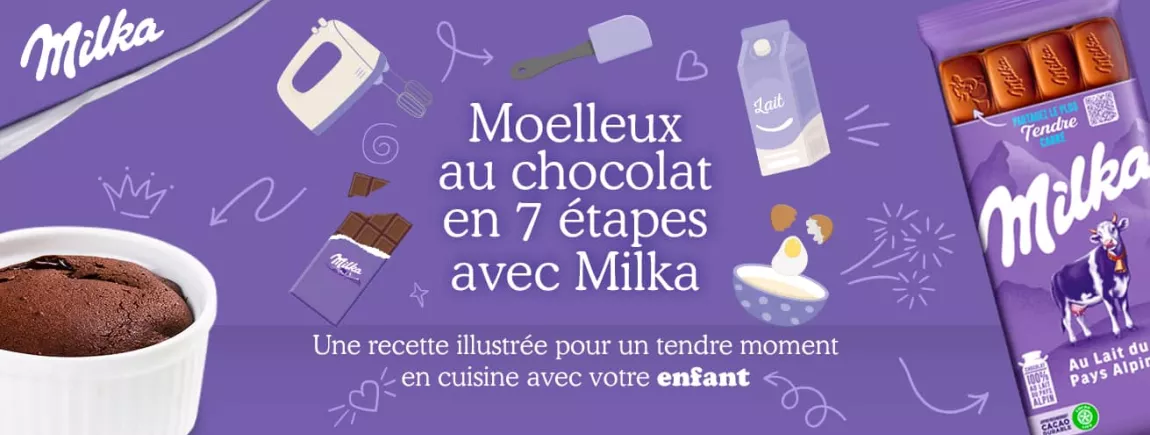 Moelleux au chocolat “minute” avec Milka Recette moelleux au chocolat Milka sur fond violet