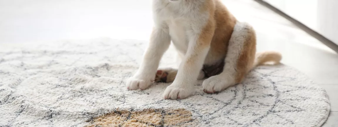 Comment enlever une tache d'urine ? Un chien sur un tapis taché