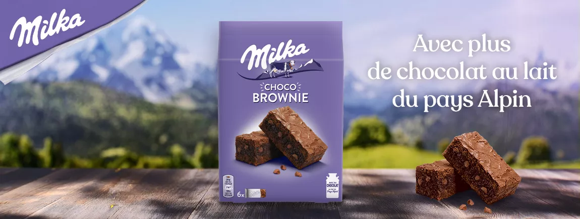 Fondez de plaisir avec le nouveau CHOCO BROWNIE de Milka® Fond Alpin avec pack MILKA CHOCO BROWNIE