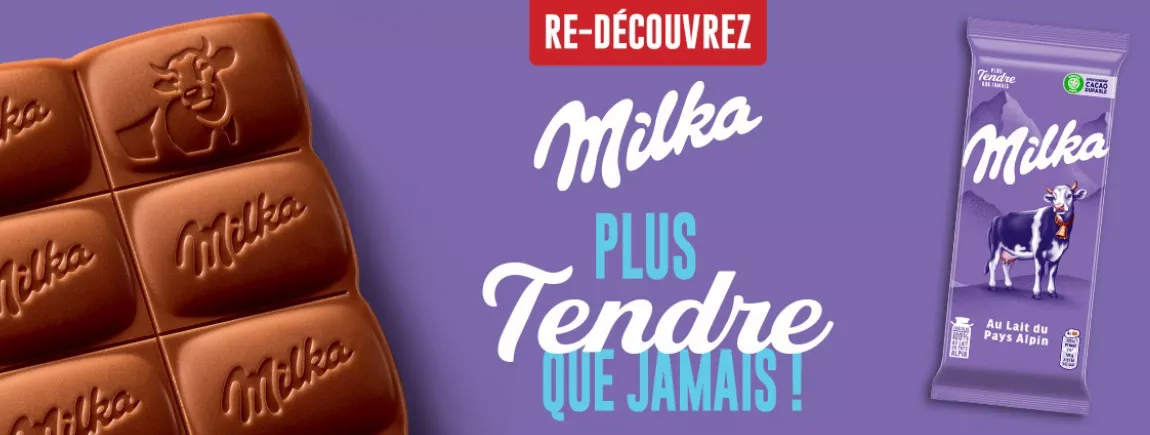 Milka renait plus tendre que jamais Tablette Milka avec un titre accrocheur, tablette milka et fond de montagne
