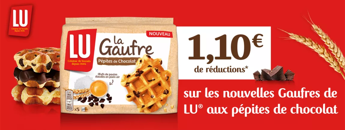 Découvrez la Gaufre aux pépites de chocolat noir Header avec fond rouge avec promo sur la nouveauté LU Gaufre