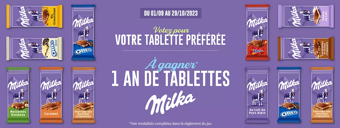 Vote pour ta tablette Milka® préférée et tente de gagner un an de tablettes Des tablettes Milka