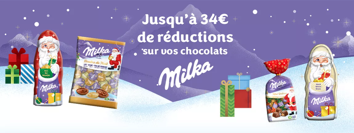 Des biscuits de Noël Milka et le texte « 34€ de de réductions »