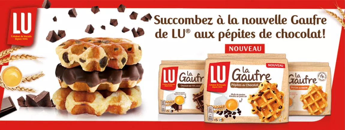 Découvrez la Gaufre aux pépites de chocolat noir Header avec fond rouge LU Gaufre