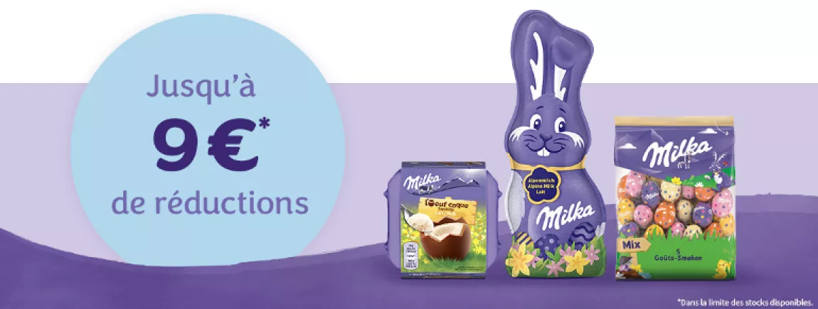 Des chocolats Milka sur un fond violet