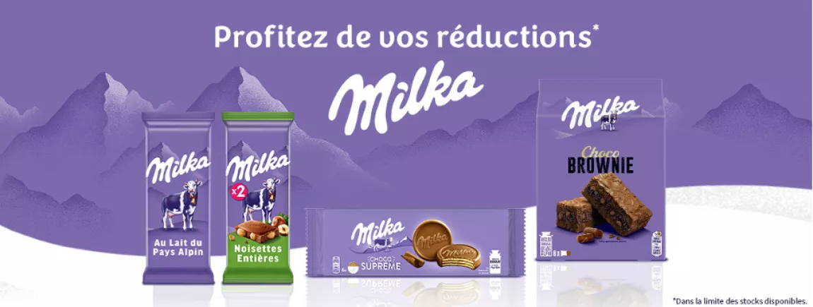 Des biscuits packs Milka sur un fond violet