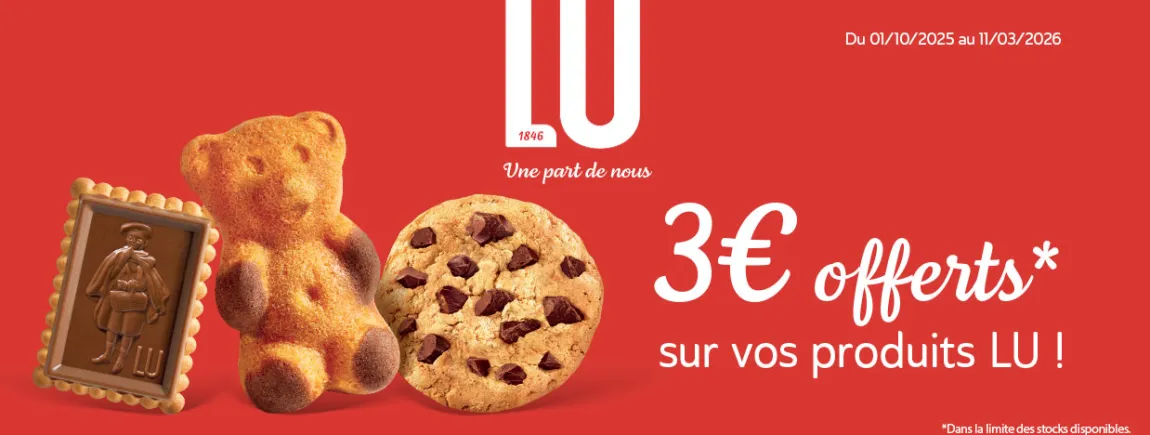 Produits nus et logo LU mis en avant avec l’offre -3€