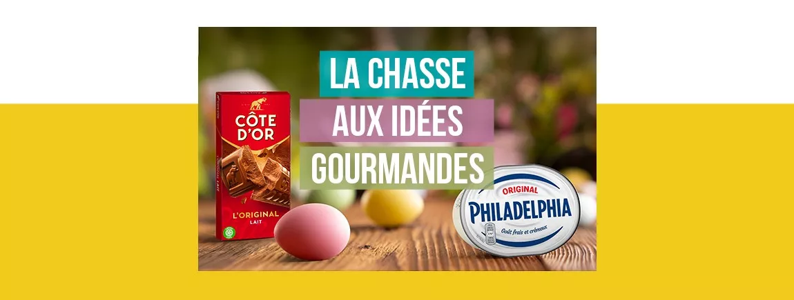 Un fond avec des œufs de différentes couleurs et les packs Philadelphia et Côte d’Or posés.
